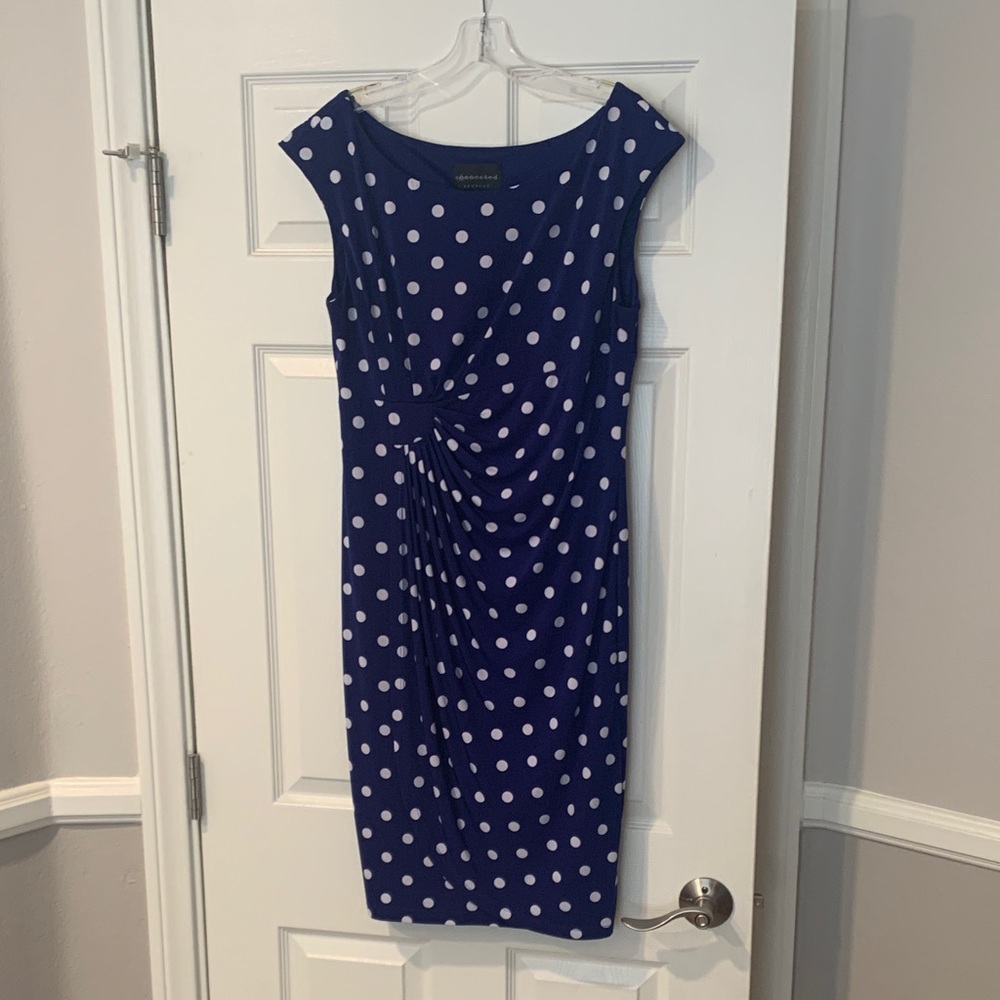 Connected Apparel Blue Dress with White Polka Dots
